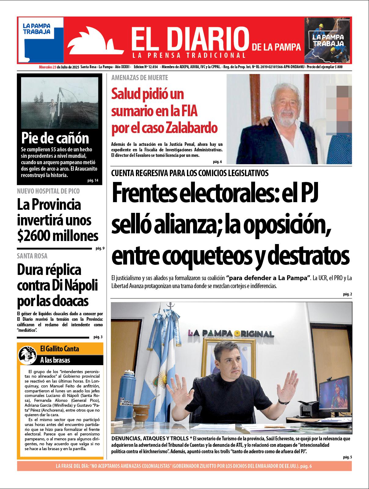 Tapa de El Diario en papel  mieacutercoles 23 de julio de 2025